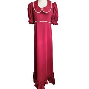 Vintage 70s Burgundy Party Gown Puff Sleeve Empire Waist Lace Trim Maxi Dress